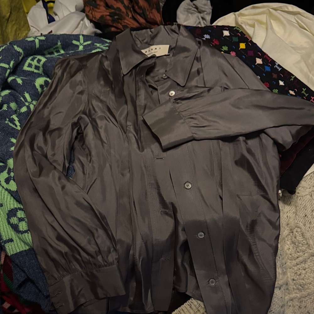 Marni Charcoal Satin Shirt with bow detail at neck